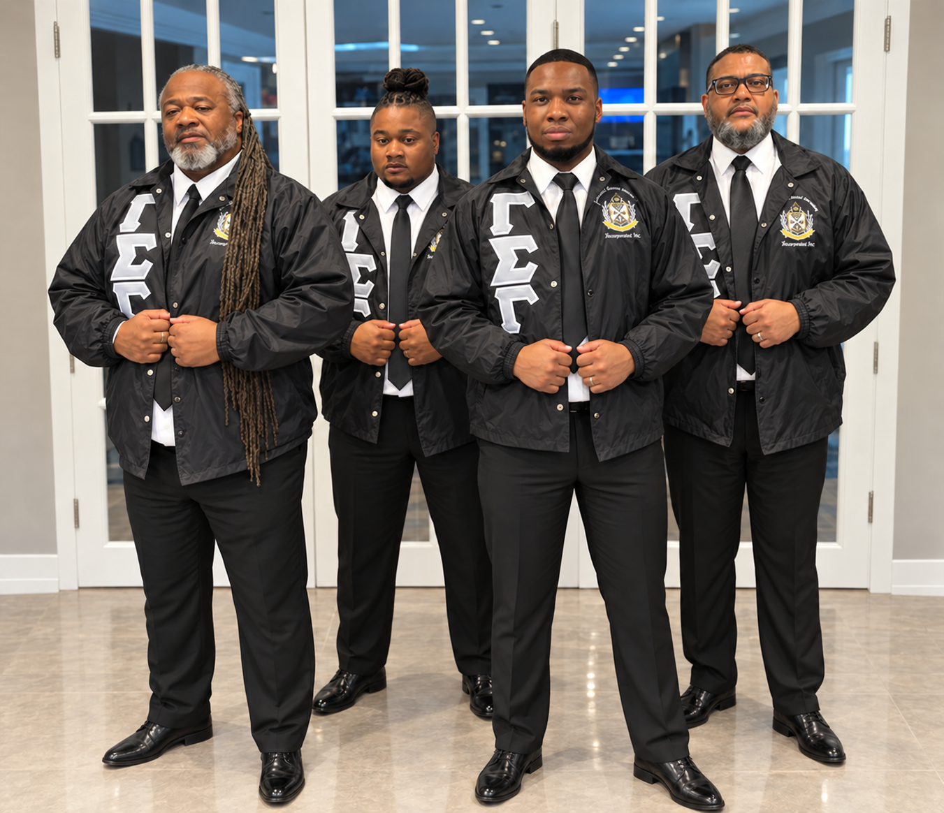 Four Gamma Sigma Gamma brothers in black fraternity jackets