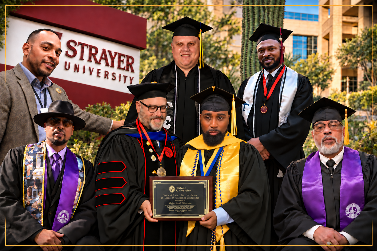 Gamma Sigma Gamma brothers celebrating graduation, including a member beside the Strayer University sign